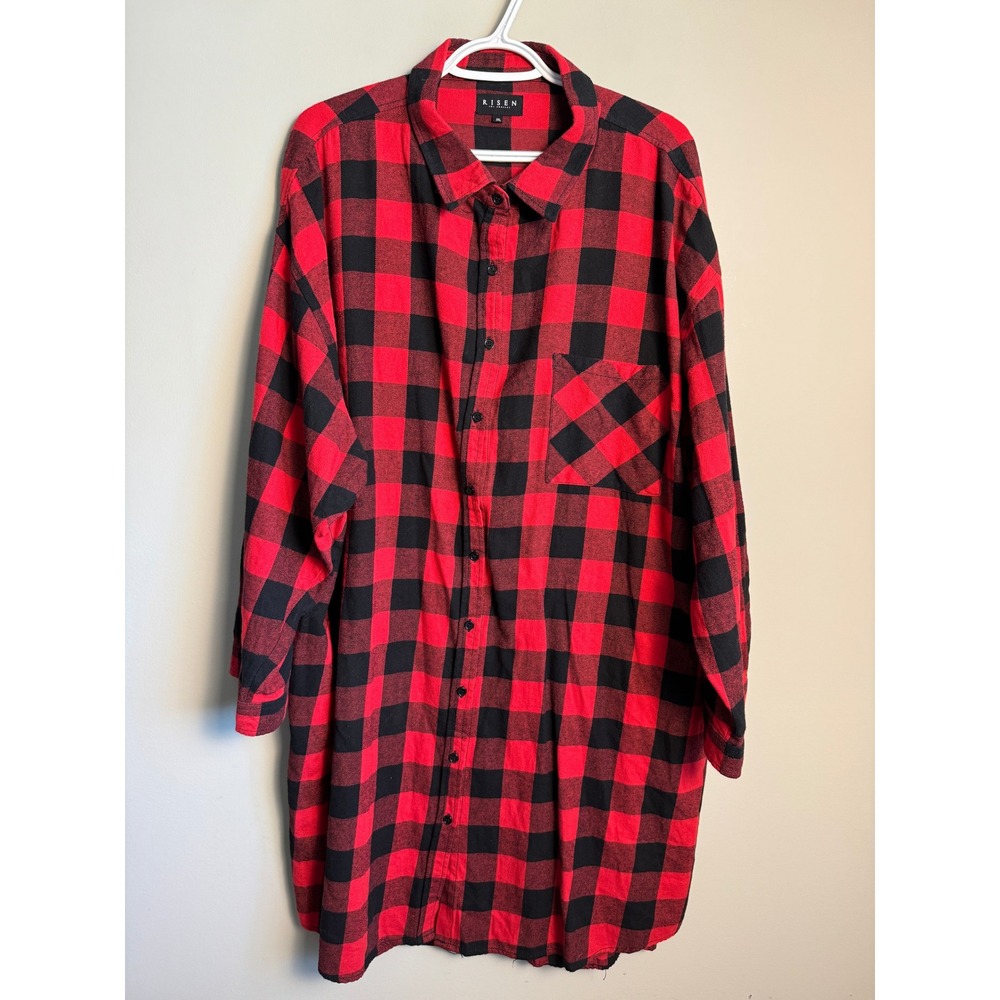 Risen Womens Red Buffalo Plaid Flannel 3XL Oversized Grunge Cabin Core Shirt